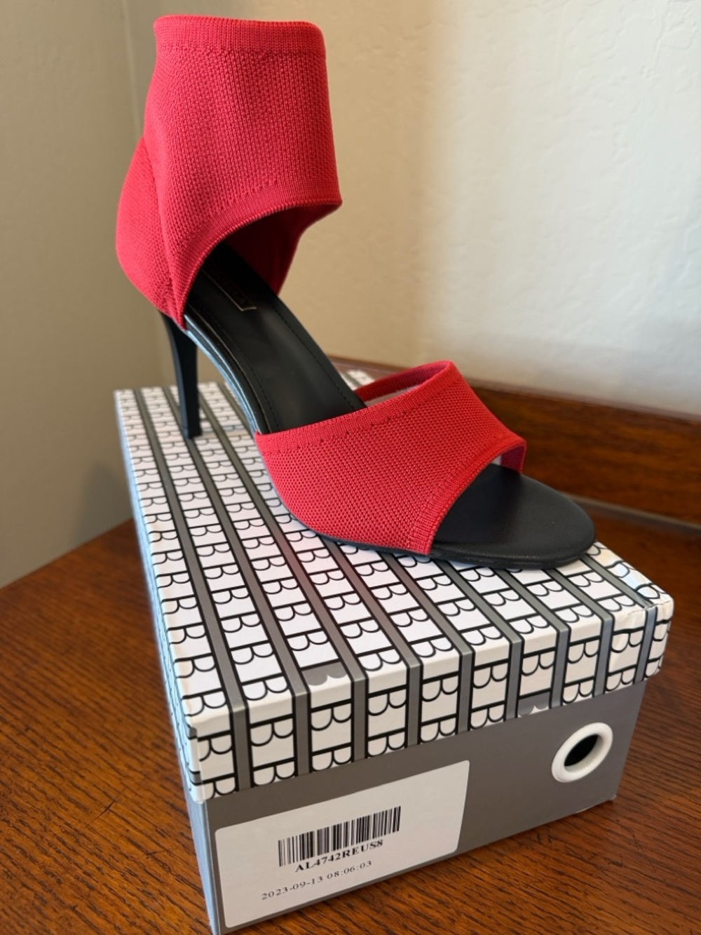 Red Knit Open-Toe Stiletto Heel with Ankle Cuff
